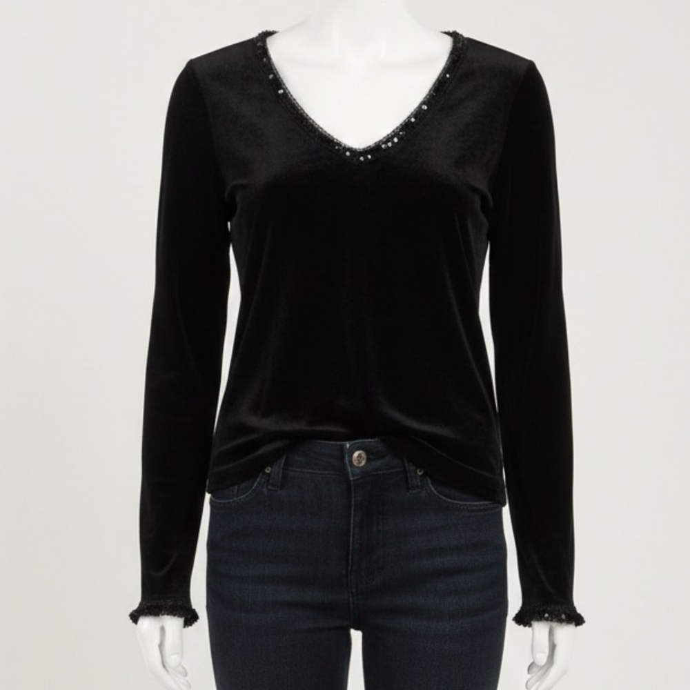 Vintage 90s Willi Smith Black Velvet V-Neck Blouse Sequin Hem Whimsigoth Medium